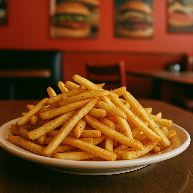 A plate of golden, seasoned french fries sits on a table in a Halal Boyz restaurant.