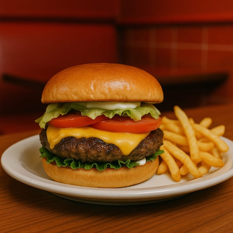 A Halal Boyz Zabiha burger with cheese, lettuce, tomato, and fries on a white plate.