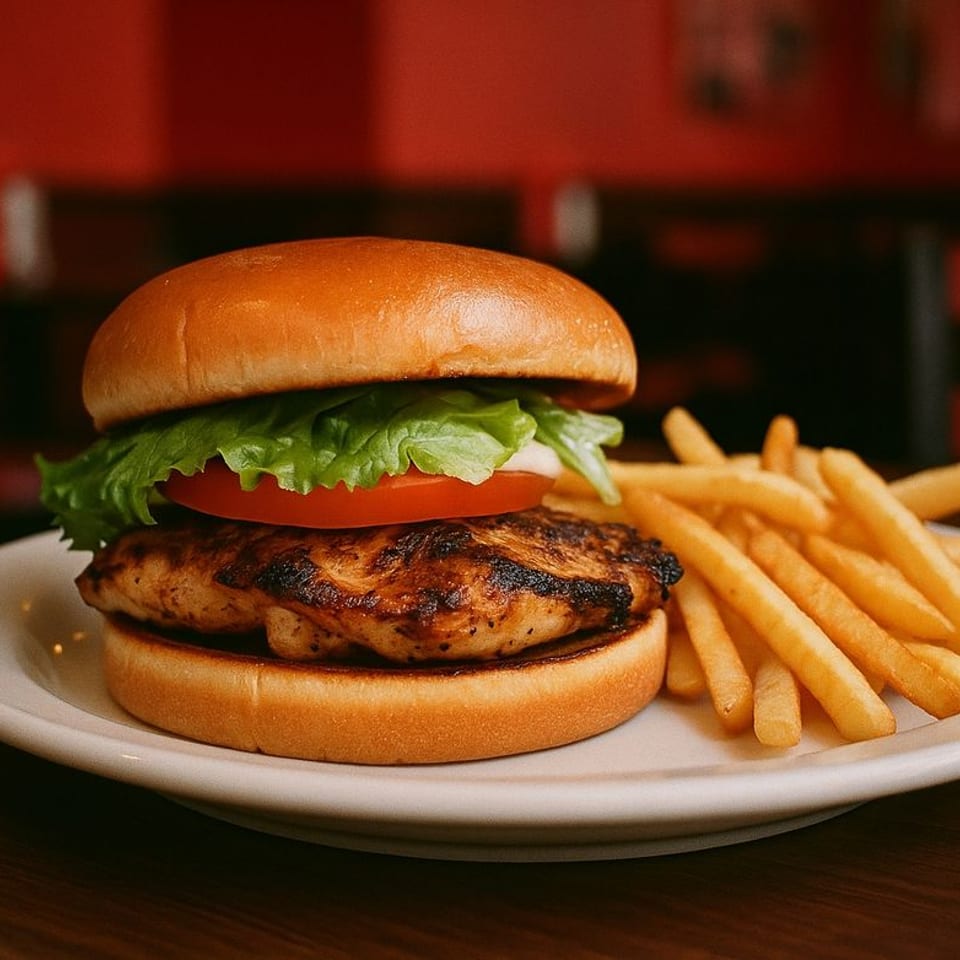 Halal Boyz grilled chicken burger with lettuce, tomato, and fries on a white plate.
