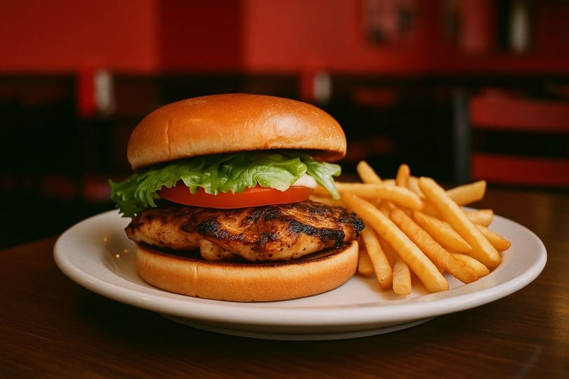 Halal Boyz grilled chicken burger with lettuce, tomato, and fries on a white plate.