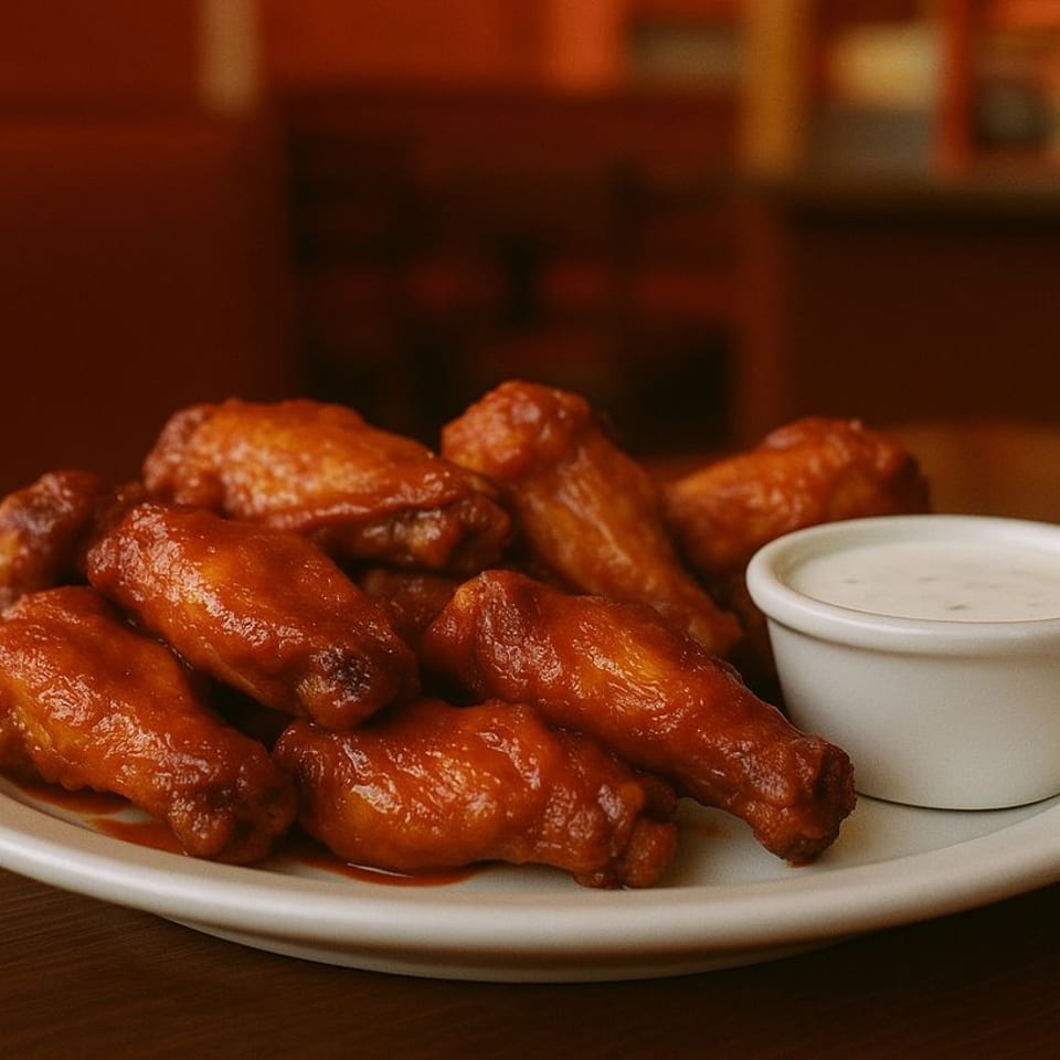 A plate of Halal Boyz Zabiha chicken wings with a side of ranch dressing.