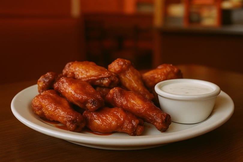 A plate of Halal Boyz Zabiha chicken wings with a side of ranch dressing.