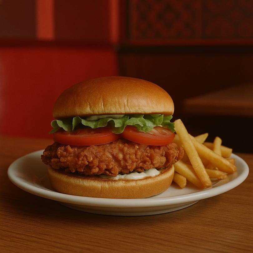 Halal Boyz crispy chicken sandwich with lettuce, tomato, and fries on a white plate.